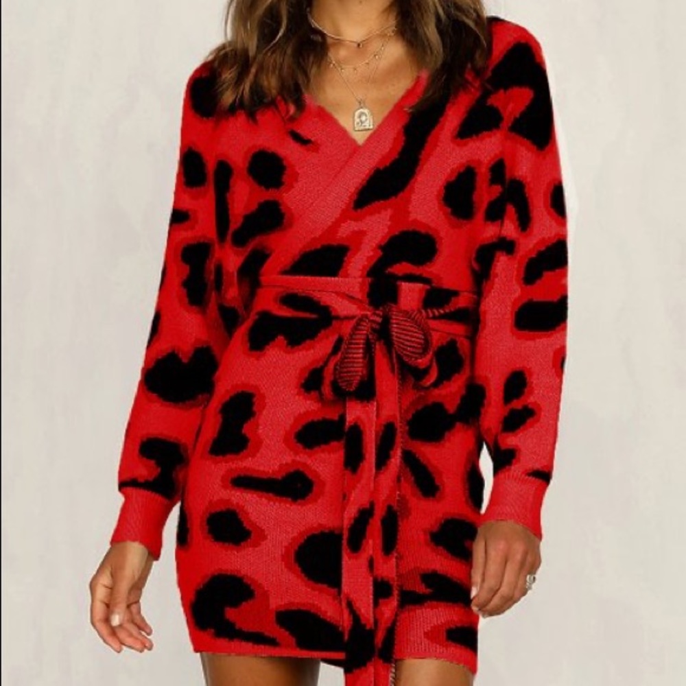 116 🛑AT COST LAST 1! Leopard Red Sweater Dress Clearance V Stretch Long Sleeve - Picture 3 of 3
